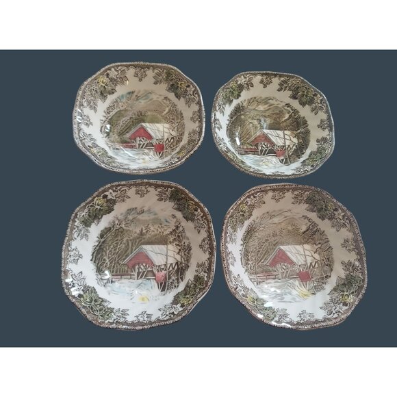 4 Johnson Bros Friendly Village Covered Bridge Square Bowls - Picture 1 of 3